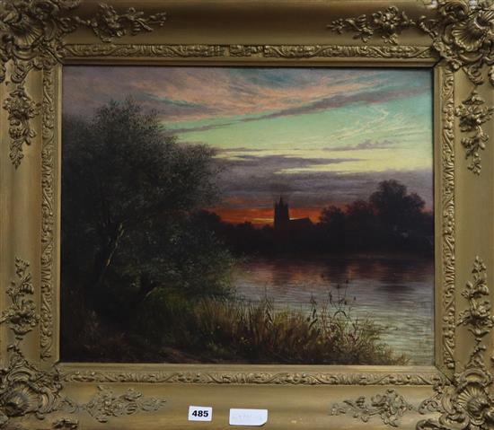 C Stanley (19th C.), oil on canvas, River landscape with church at sunset, signed and dated 1844, 41 x 52cm